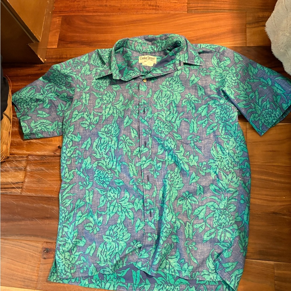Vintage Cooke street Men's Blue and Green Hawaiian Floral Shirt size large (860